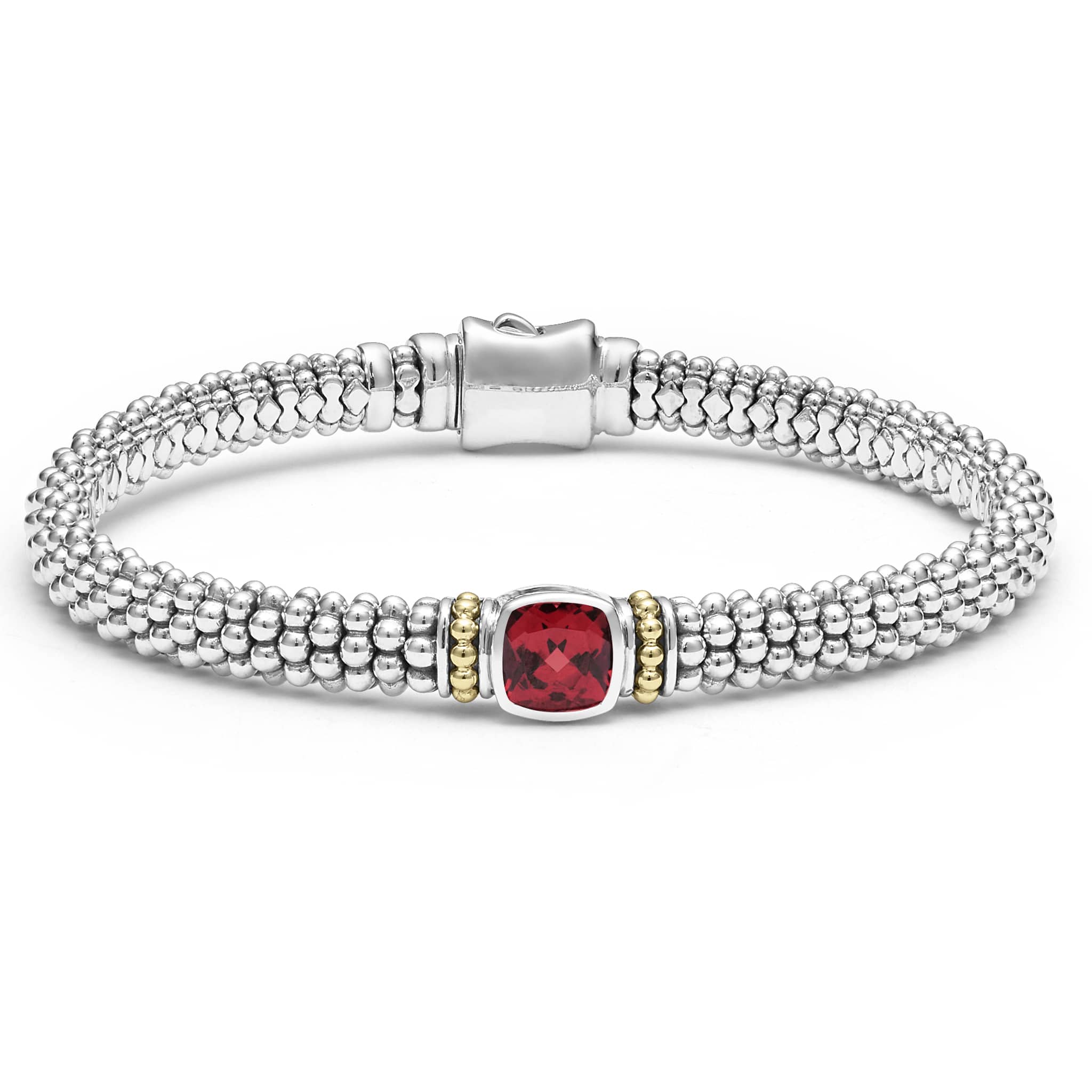 Lagos Sterling Silver & 18K Yellow Gold Caviar Rhodolite Garnet 6X6 Cushion 6mm Rope Bracelet
