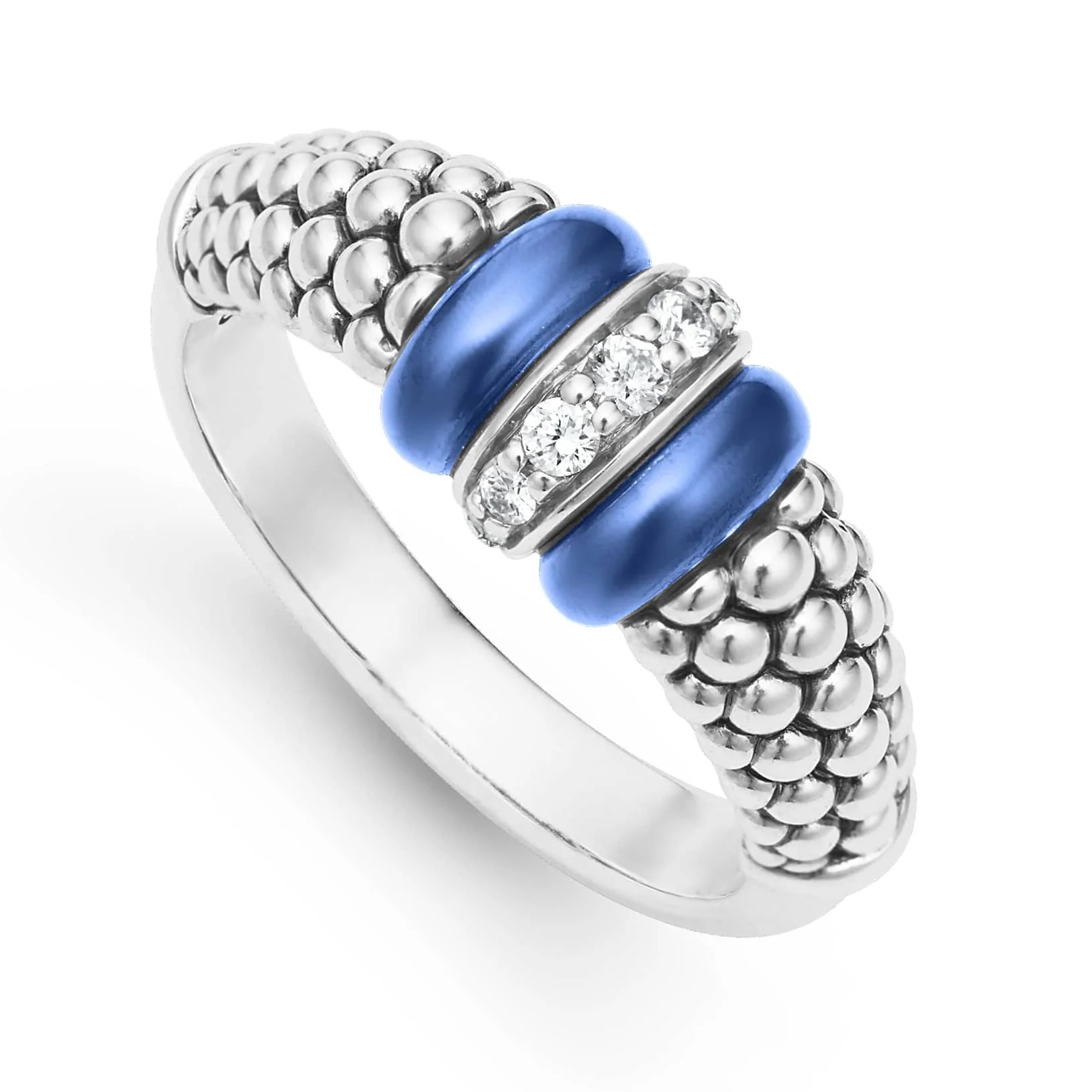 Lagos Sterling Silver & Marine Blue Caviar Ceramic Ring with Diamonds Size 7
