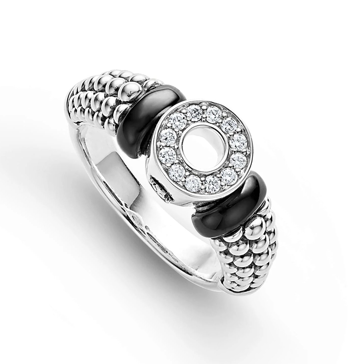 Lagos Sterling Silver Black Caviar Black Ceramic Small Diamond Circle Ring