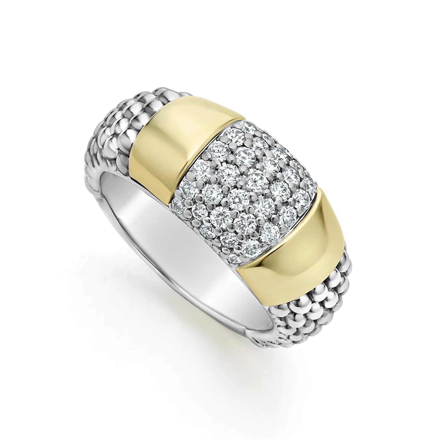Lagos Sterling Silver & 18K Yellow Gold High Bar Diamond 12mm Band Size 7