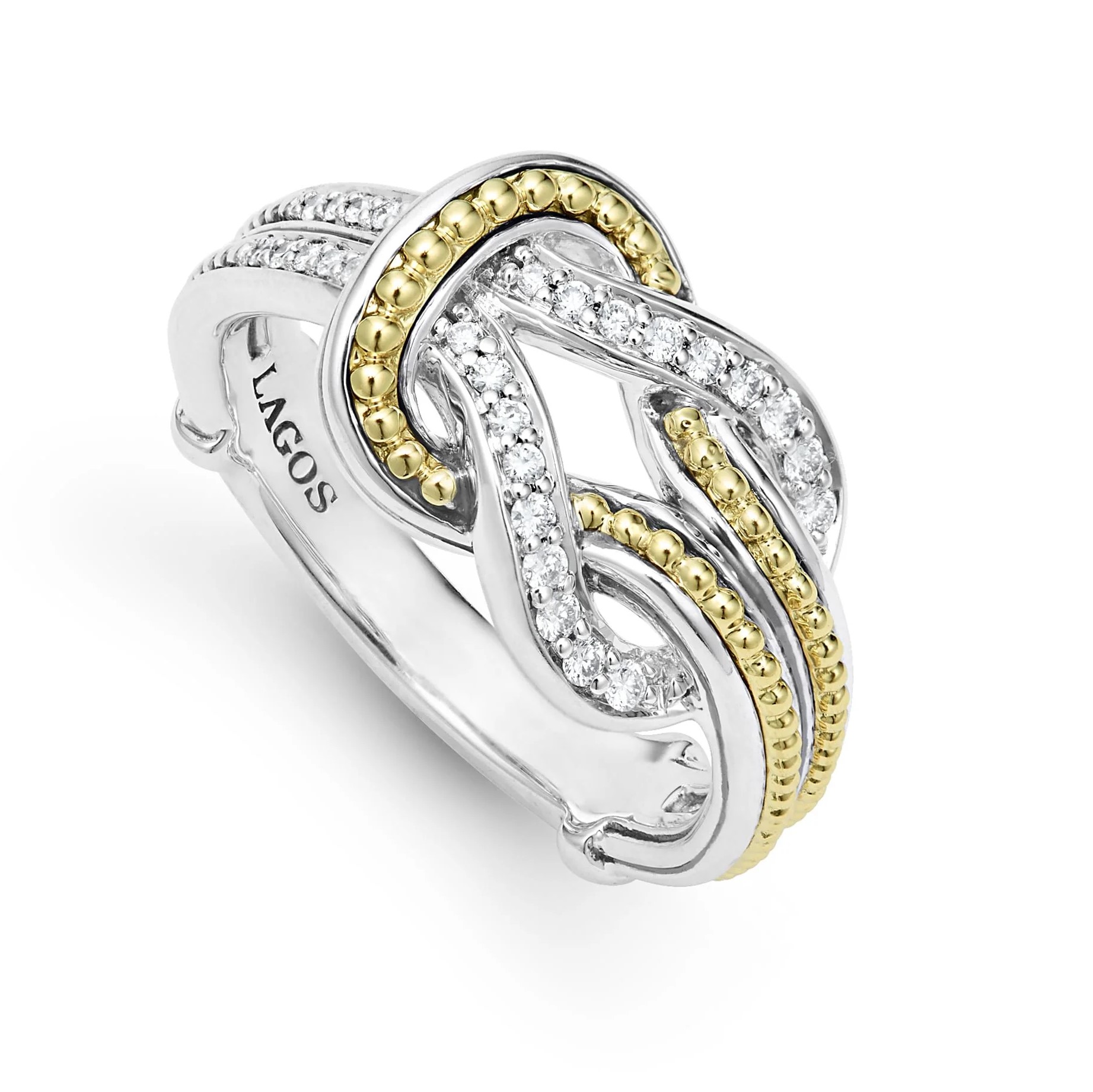 Lagos Sterling Silver & 18K Yellow Gold Newport Small Two Tone Knot Ring with Diamonds   Size 7