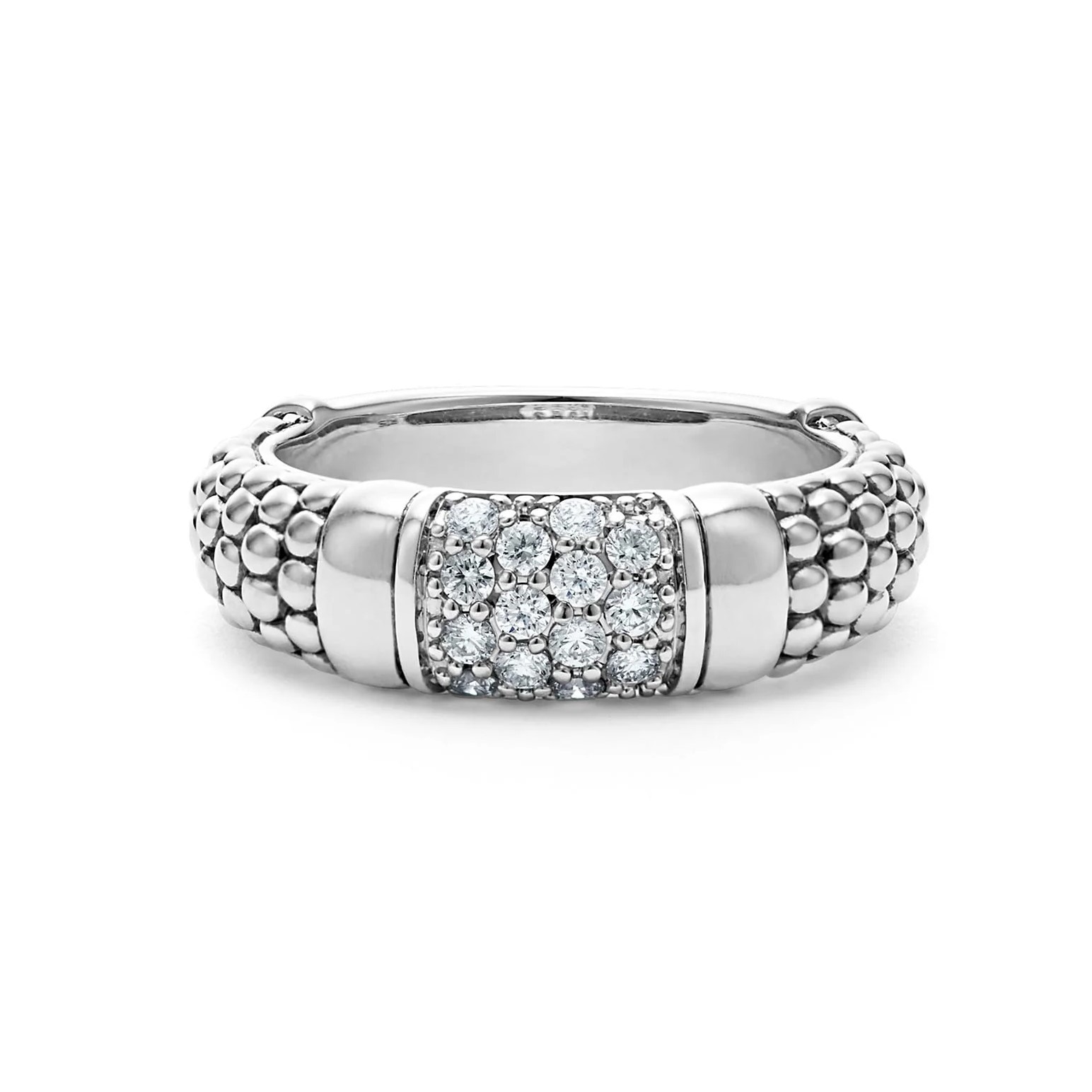 Lagos Sterling Silver Signature Caviar Diamond 6mm Pave Band  Size 7