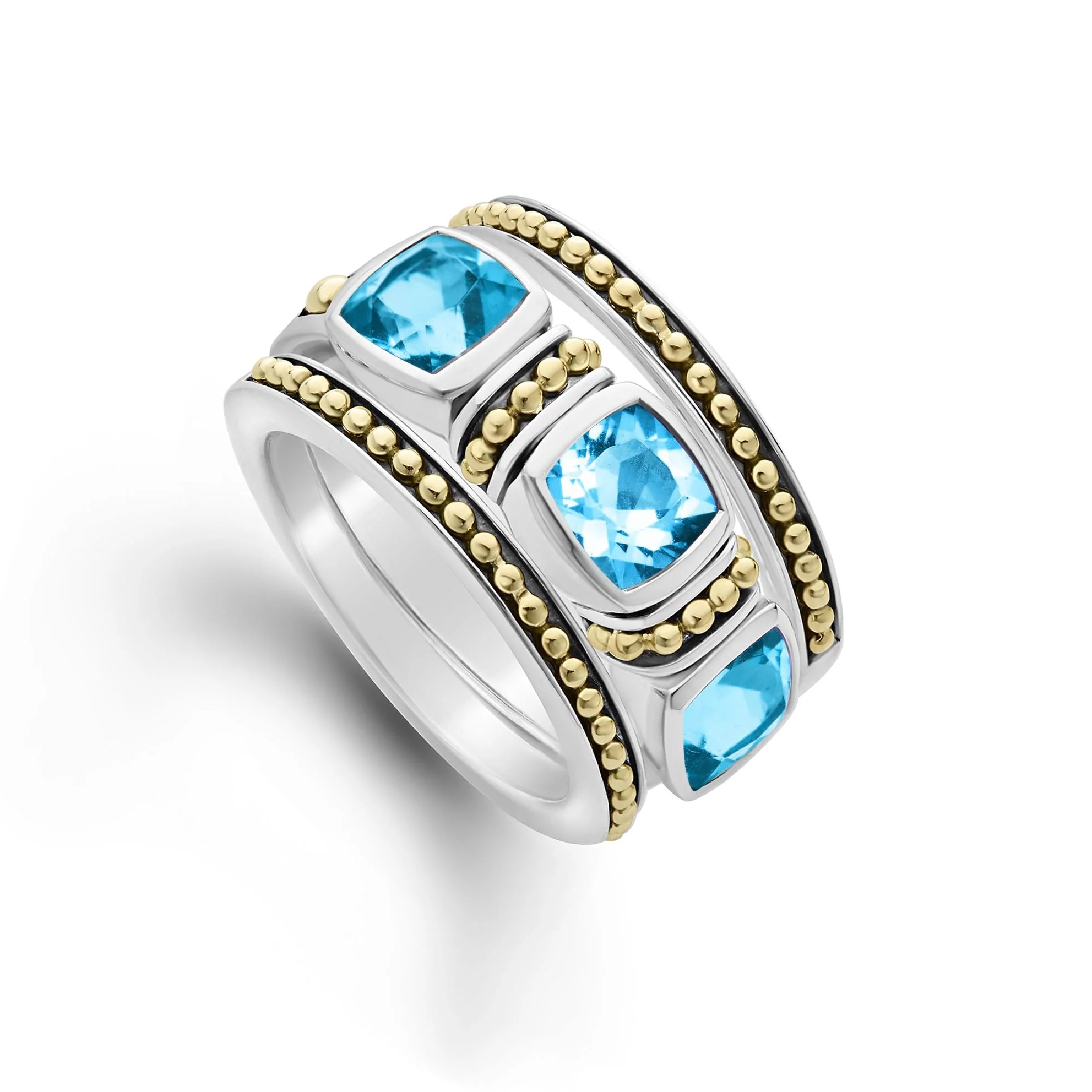 Lagos Sterling Silver & 18K Yellow Gold Caviar Swiss BlueTopaz Triple 6X6 Cushion  Stacking Rings