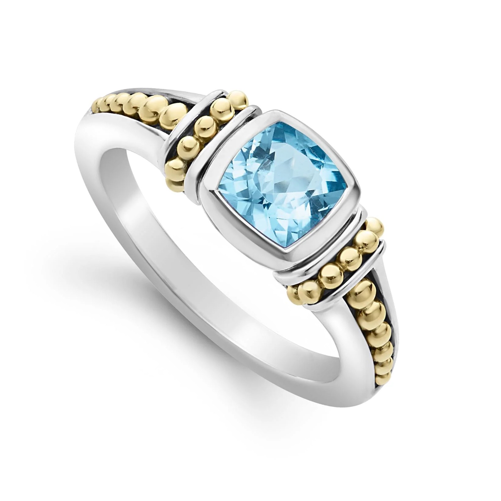 Lagos Sterling Silver & 18K Yellow Gold Caviar Blue Topaz 6X6 Cushion Ring