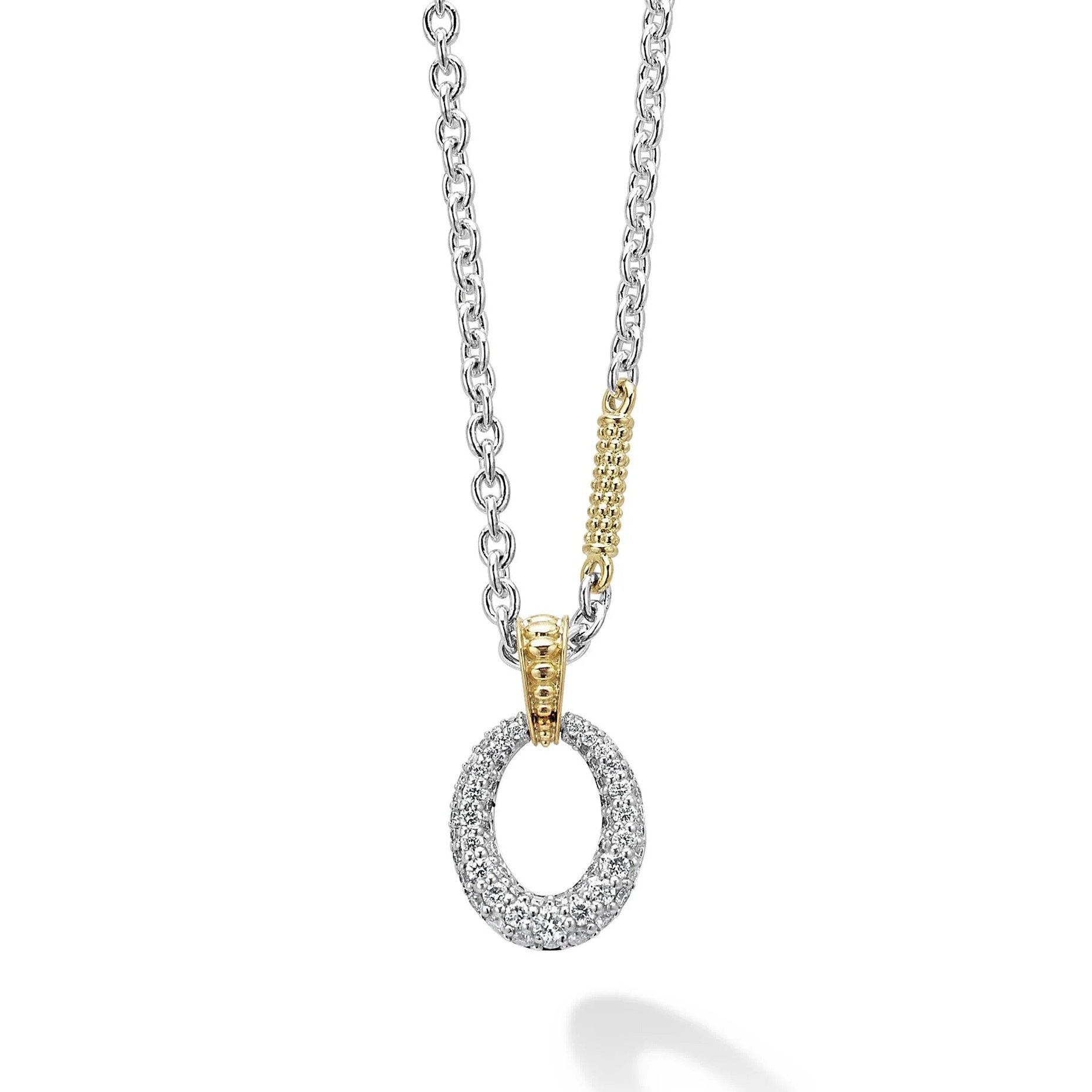 Lagos Sterling Silver & 18K Yellow Gold Caviar Lux Diamond Pave Oval Drop Stations Necklace with Round Diamonds 0.39 Tcw G-H SI