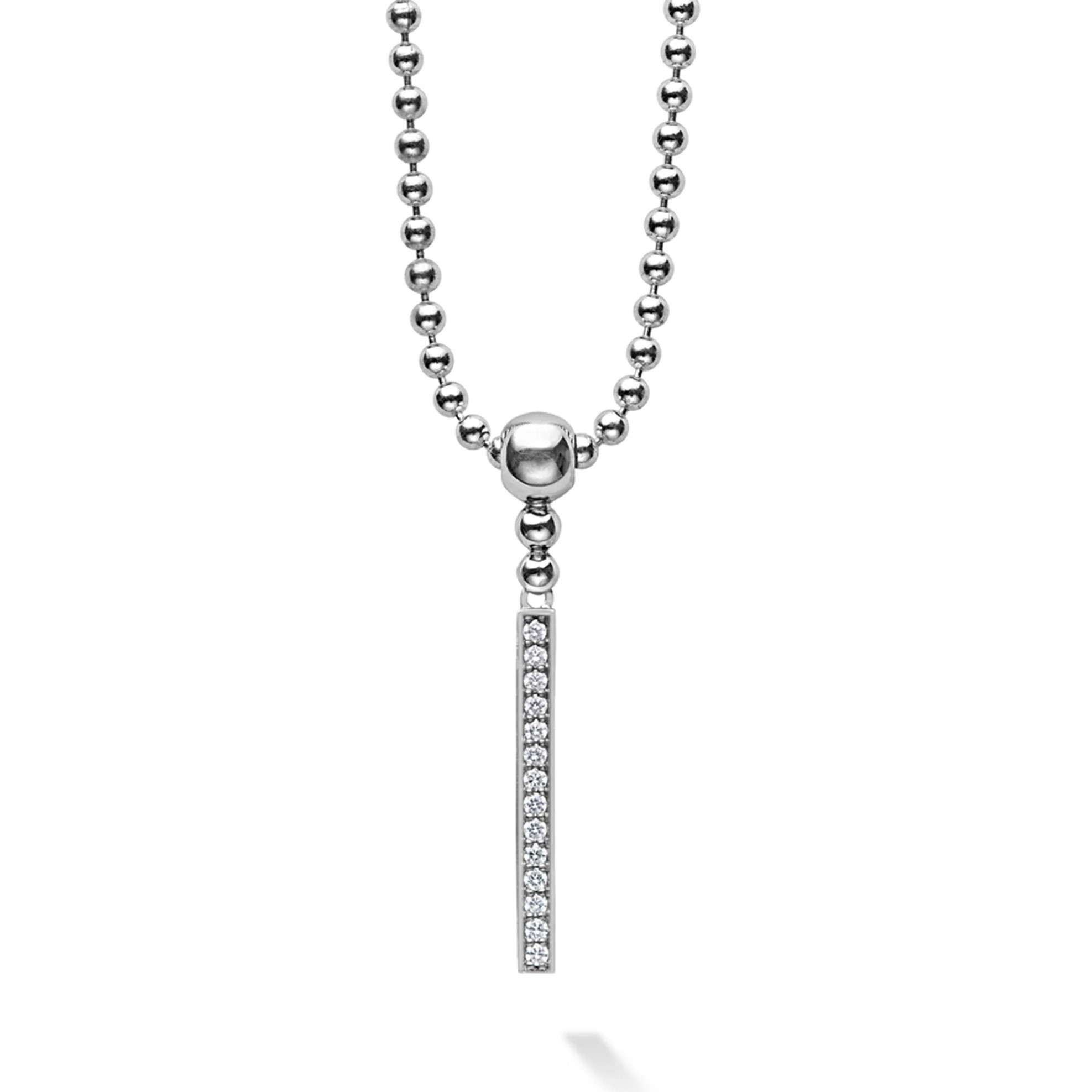 Large Sterling Silver Caviar Spark Diamond Linear Drop 35x3mm Pendant Necklace