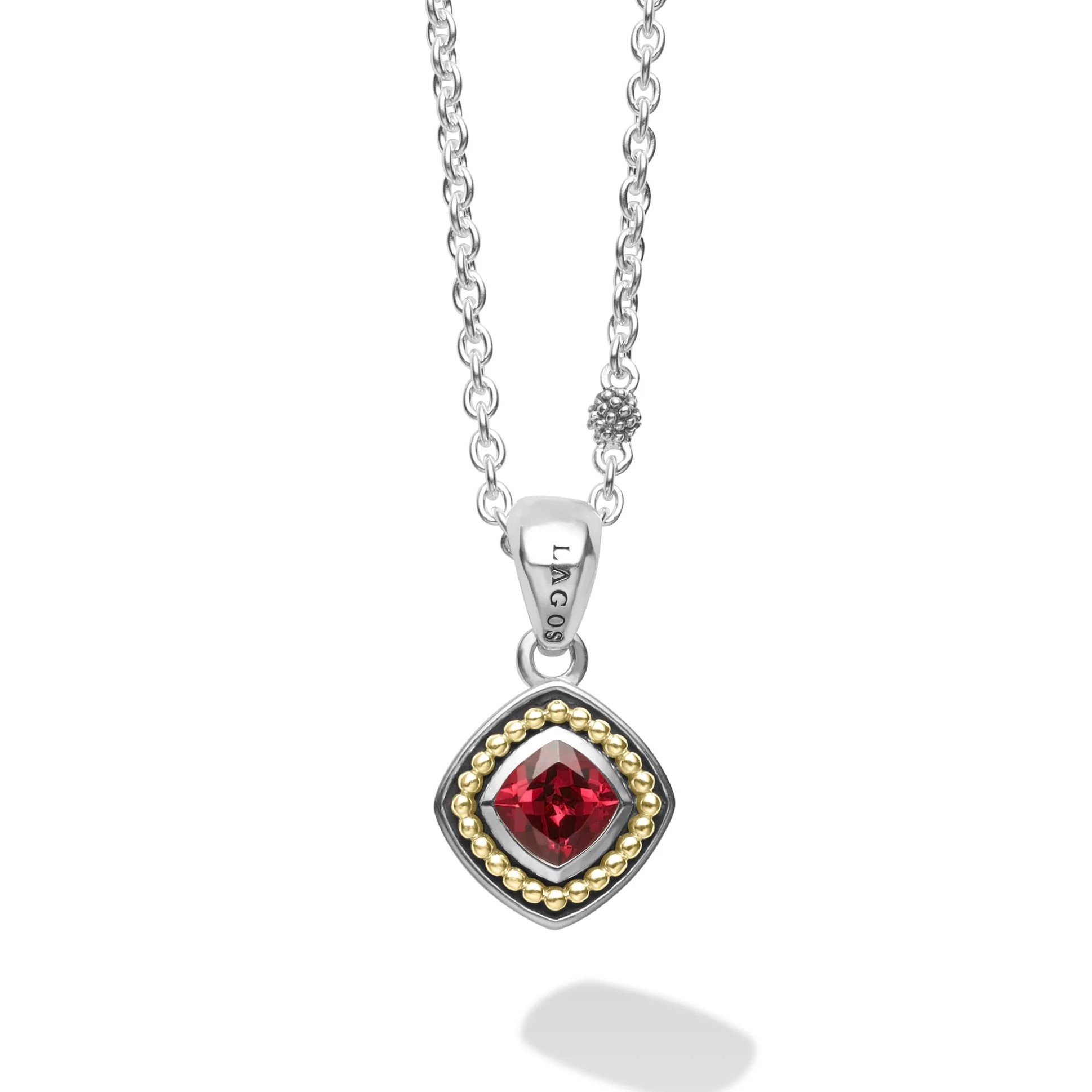 Lagos Sterling Silver & 18K Yellow Gold Caviar Rhodolite Garnet 6X6 Cushion Pendant on a 16-18 Adjustable Necklace