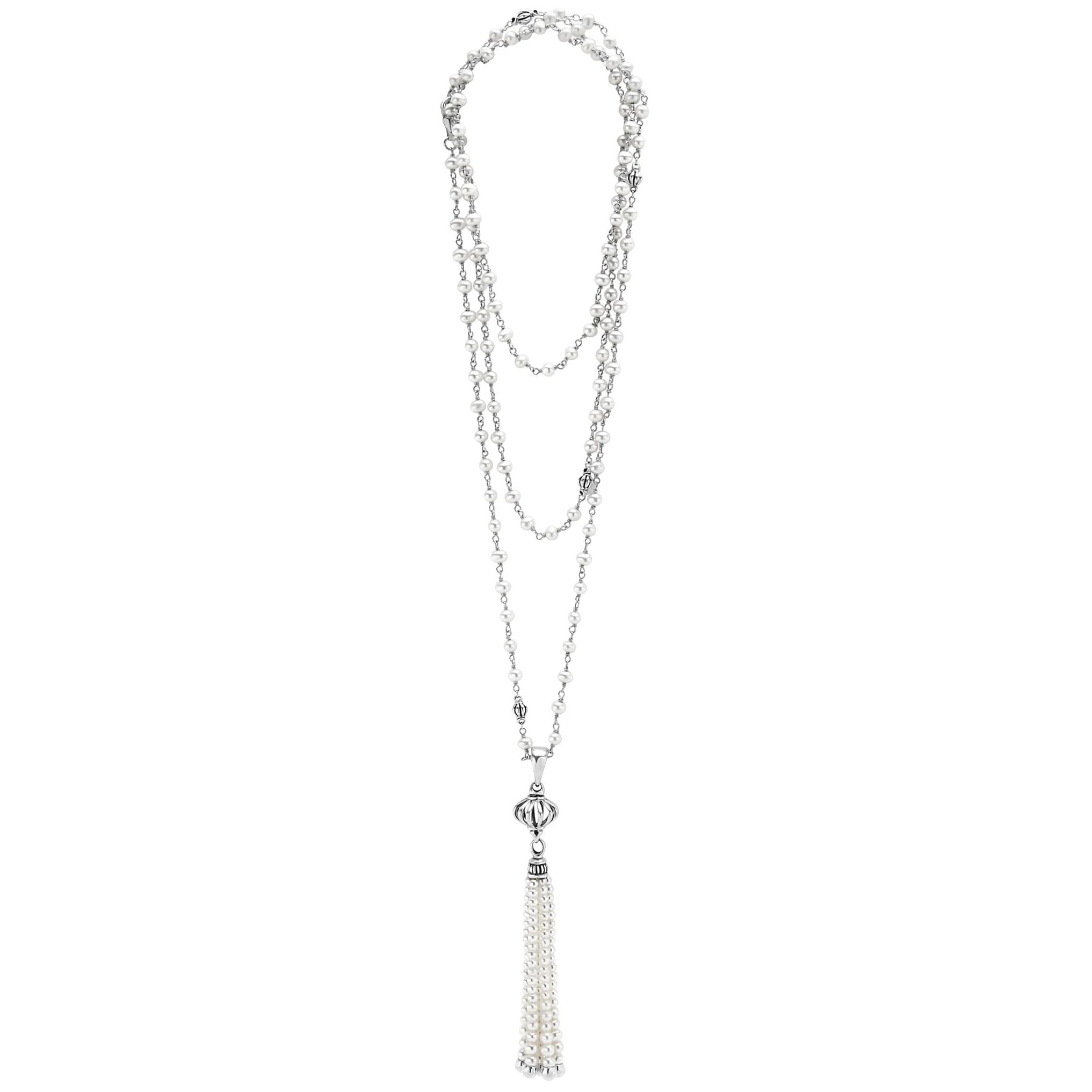 Lagos Sterling Silver Luna Pearl Tassel 90x12mm Pendant Necklace