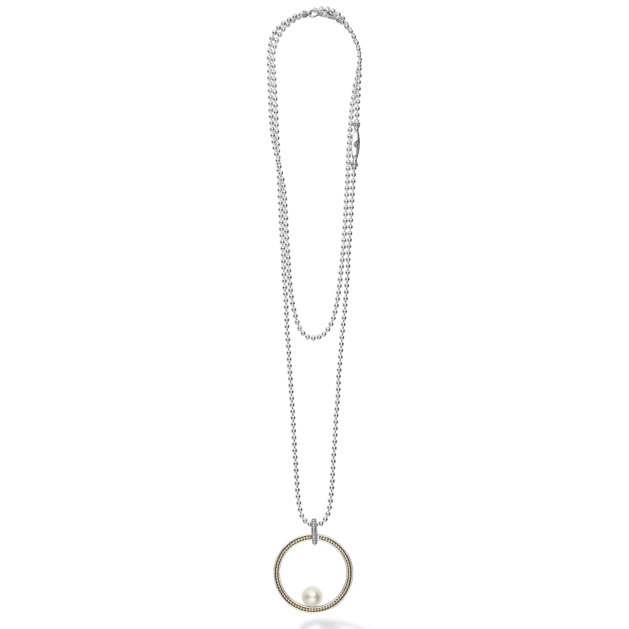 Lagos Sterling Silver and 18K Yellow Gold Luna Pearl 35mm Caviar Circle Pendant Necklace 34
