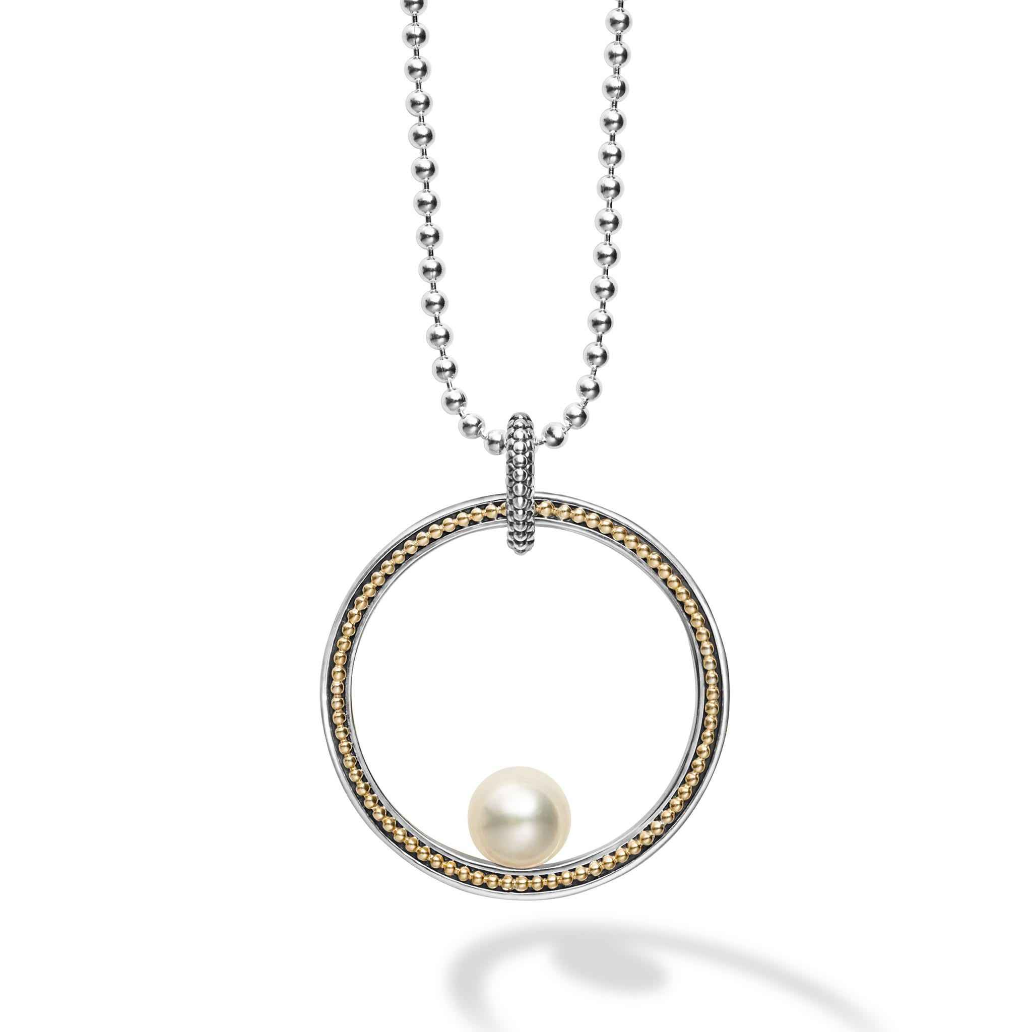 Lagos Sterling Silver and 18K Yellow Gold Luna Pearl 35mm Caviar Circle Pendant Necklace 34