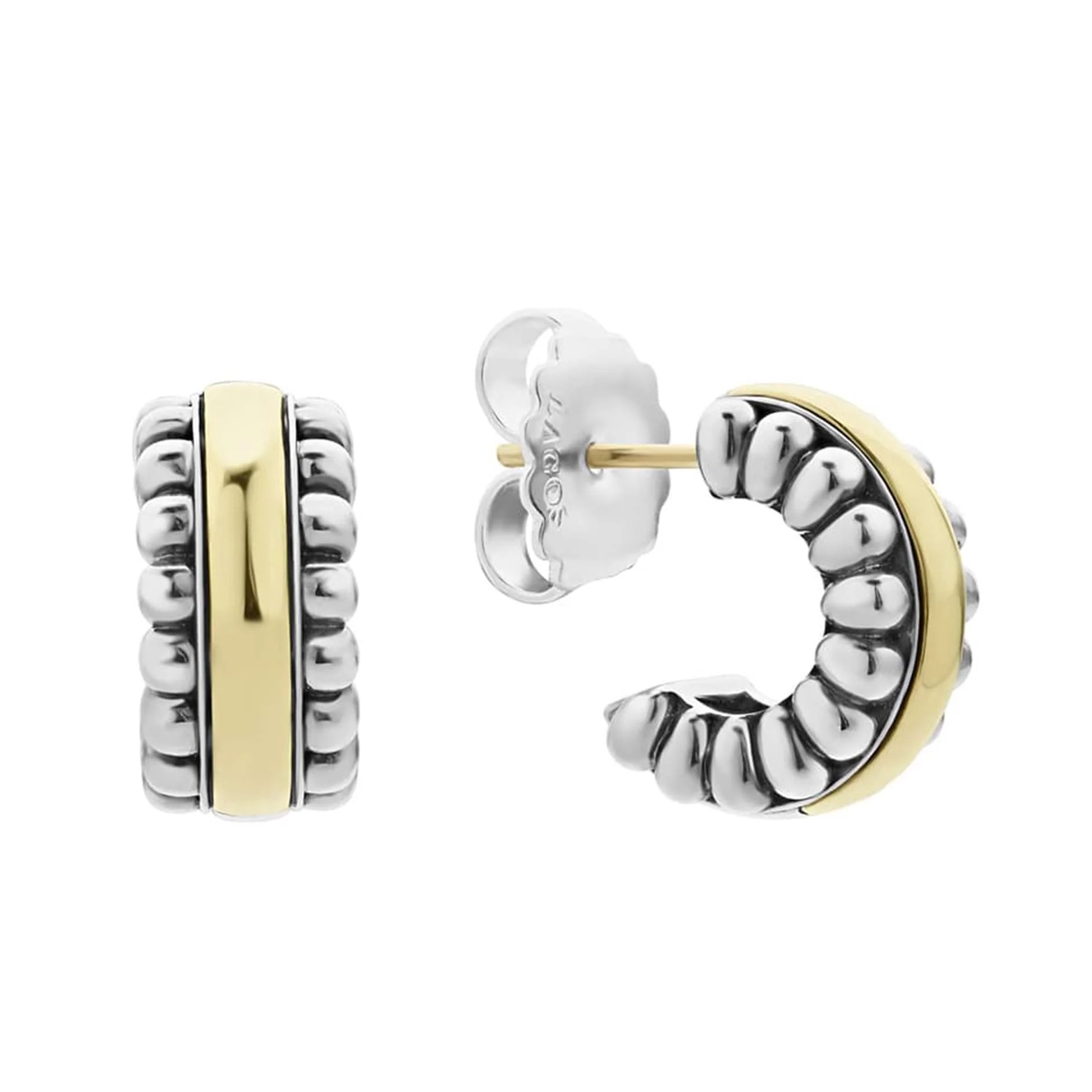 Lagos Sterling Silver & 18K Yellow Gold Hoop Earrings. Dimensions 15mm x 8mm