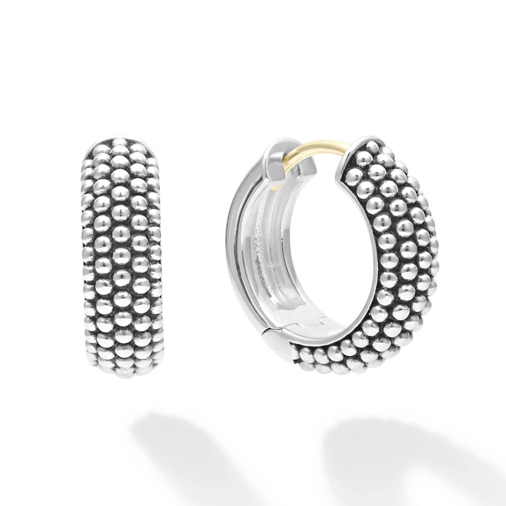 Lagos Sterling Silver Signature Caviar 15mm Caviar & Fluted Huggie Hoop