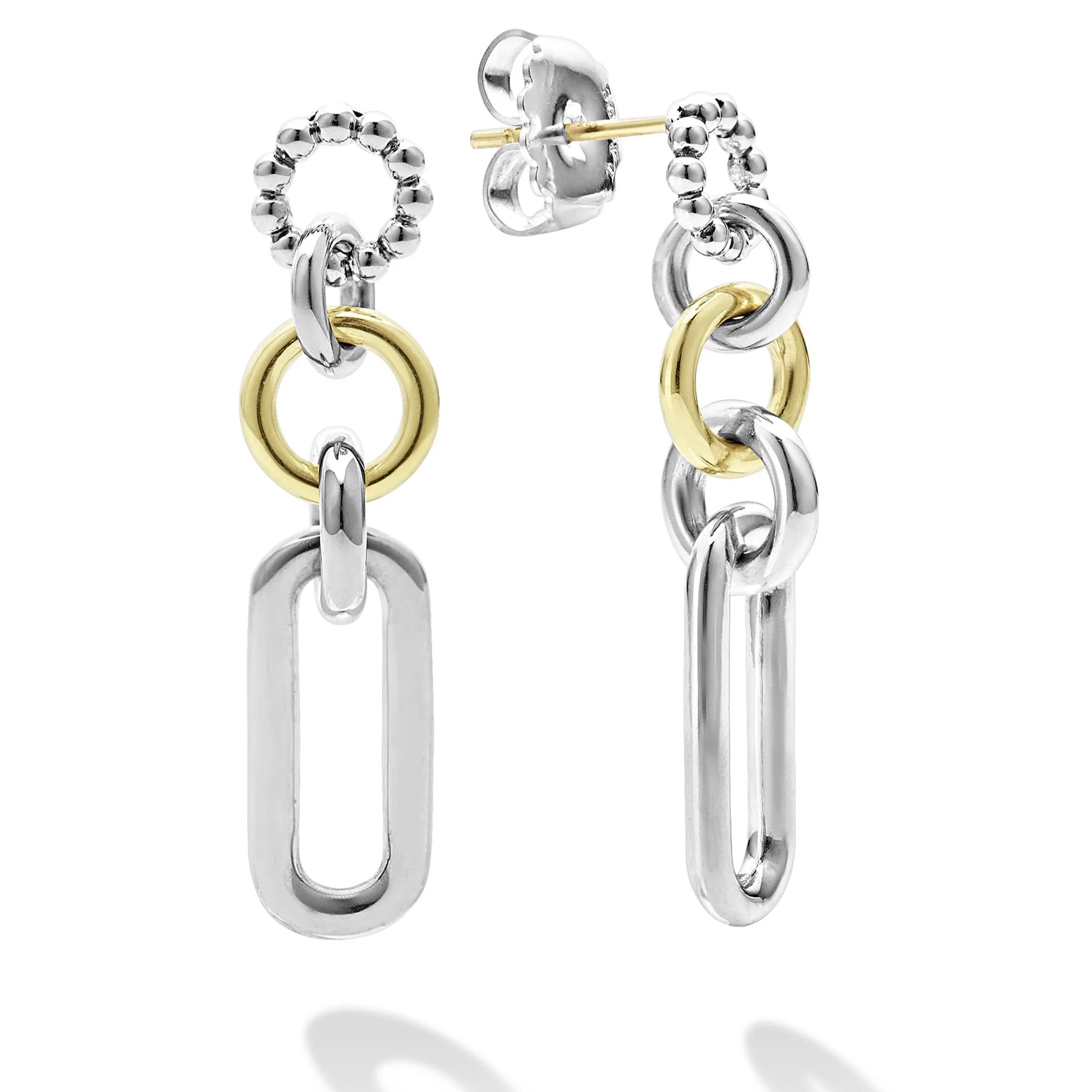 Lagos Sterling Silver & 18K Yellow Gold Signature Caviar 3 Part Circles and Oval Drop Earrings