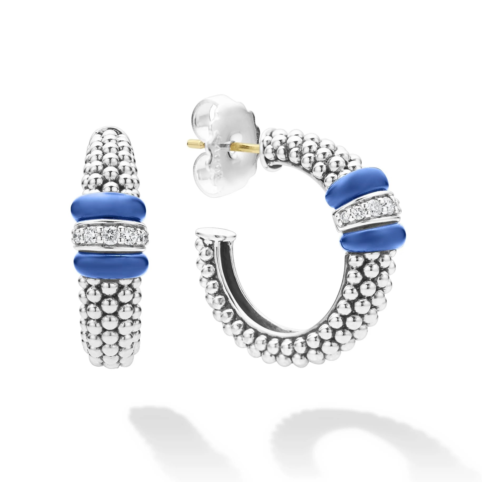 Lagos Sterling Silver & Marine Blue Caviar Ceramic 23mm Hoop Earrins with 1 Diamond Stations