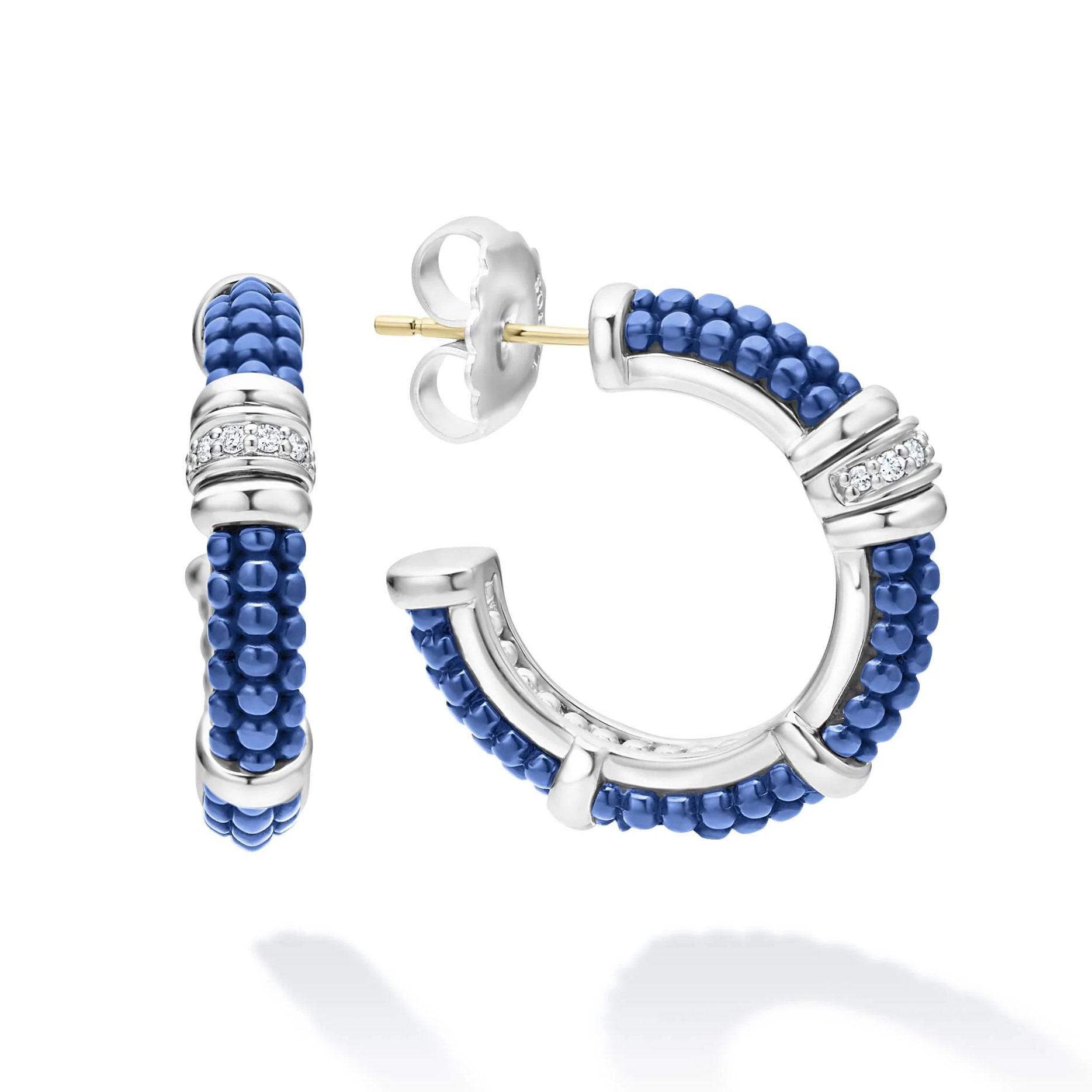 Lagos Sterling Silver & Marine Blue Caviar Ceramic 25mm Hoop Earrings with 1 Diamond Row