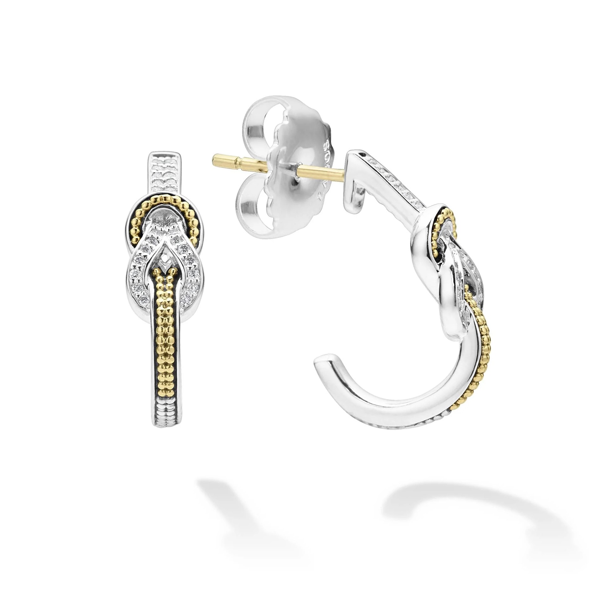 Lagos Sterling Silver & 18K Yellow Gold Newport Knot Half Hoop Earrings 15mm with Round Diamonds 0.16 Tcw G-H SI