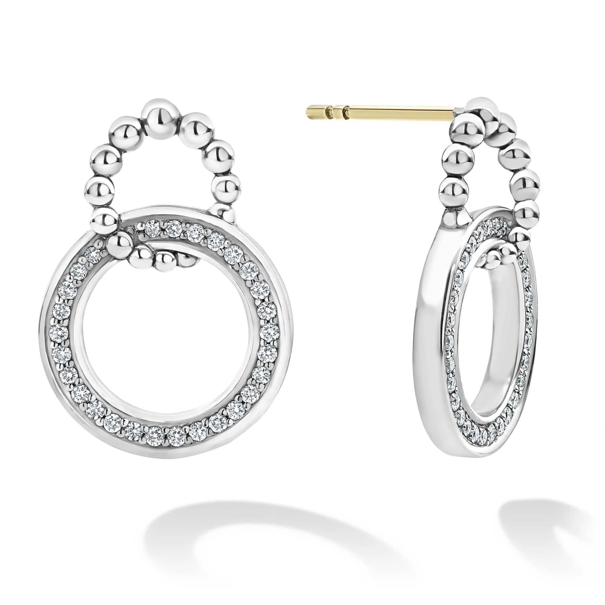 Lagos Sterling SIlver Caviar Spark Diamond 15mm Circle Drop Graduated Circle Top Post with Drop Earrings