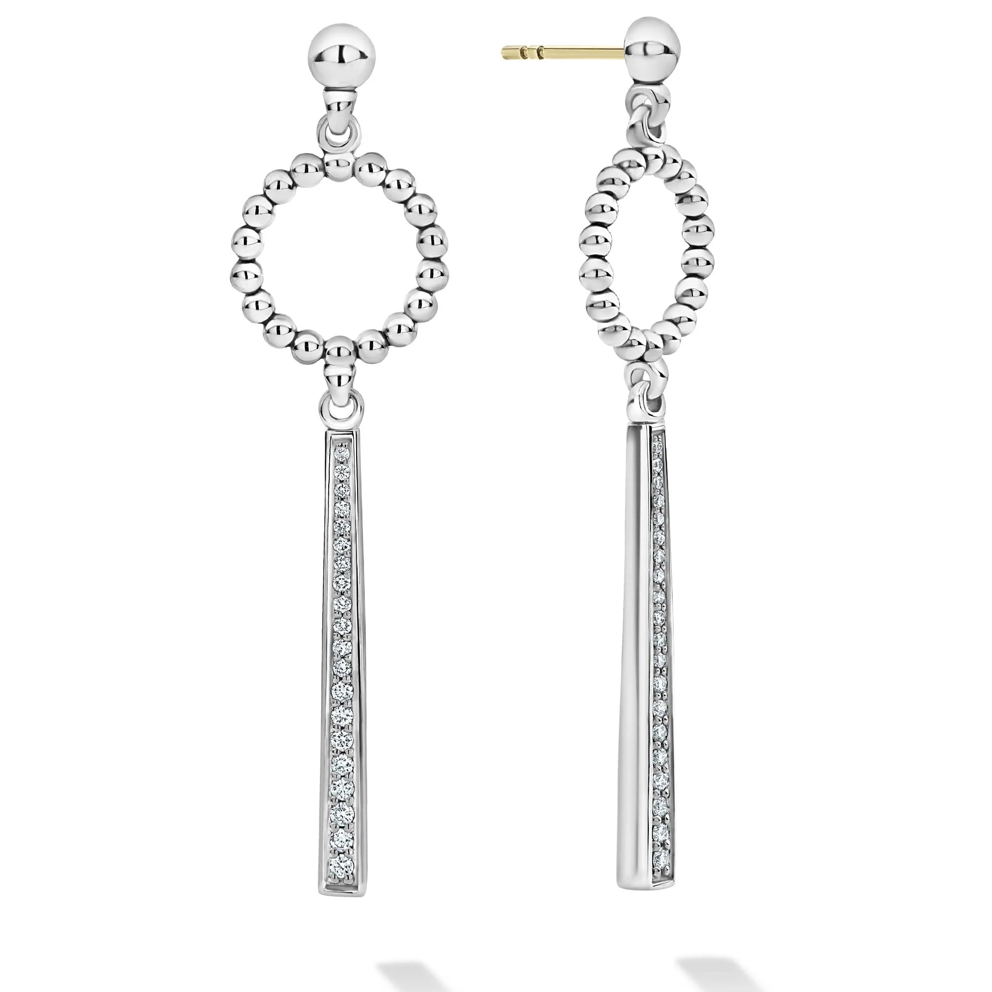 Lagos Sterling Silver Diamond Linear with Caviar Circle Top Drop Earrings