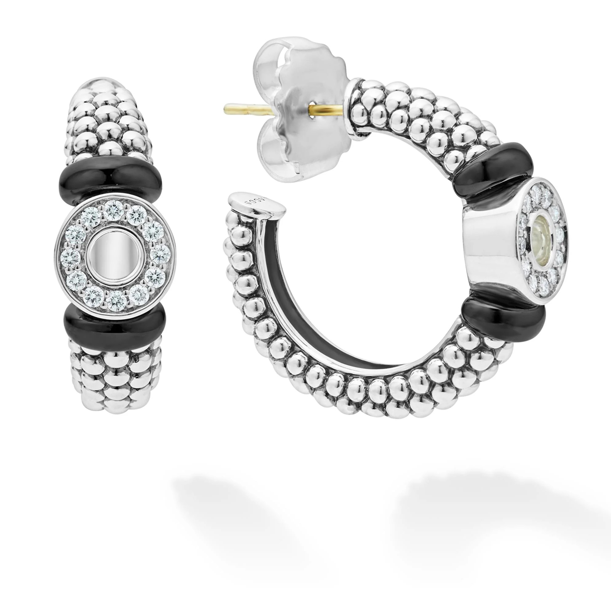 Lagos Sterling Silver & Black Caviar Black Ceramic 25mm DIamond Circle Hoop Earrings
