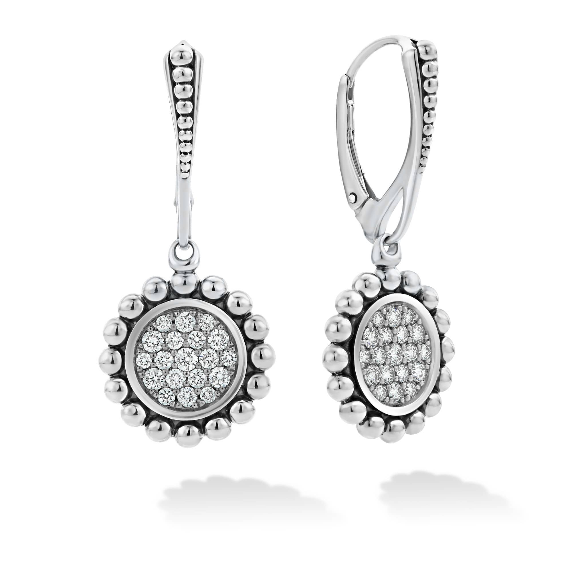 Lagos Sterling Silver Caviar Spark Diamond Drop 35x16mm Earrings