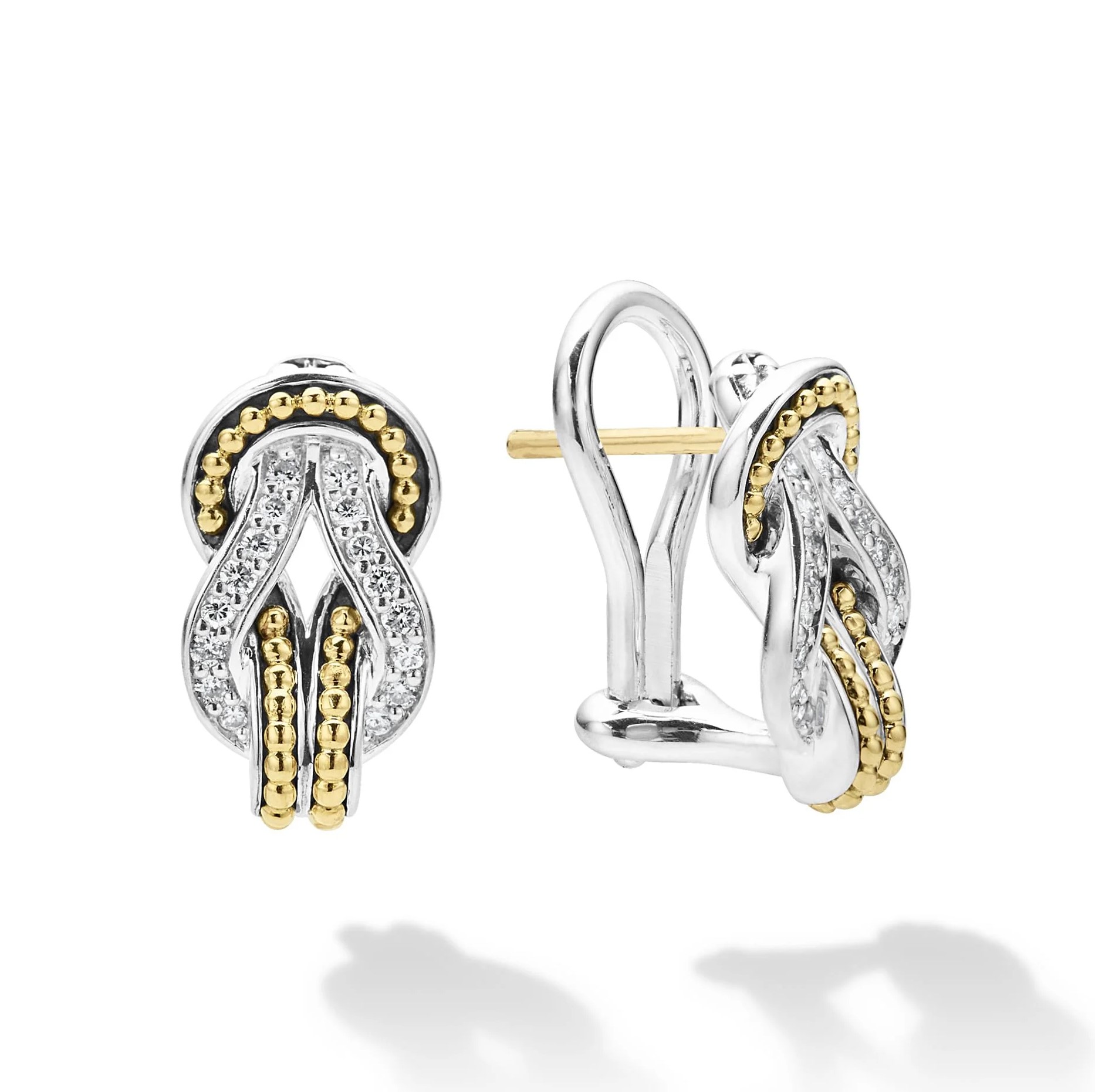 Lagos Sterling Silver & 18K Yellow Gold Newport 15x8mm Omega Clip Earrings with Round Diamonds G-H SI