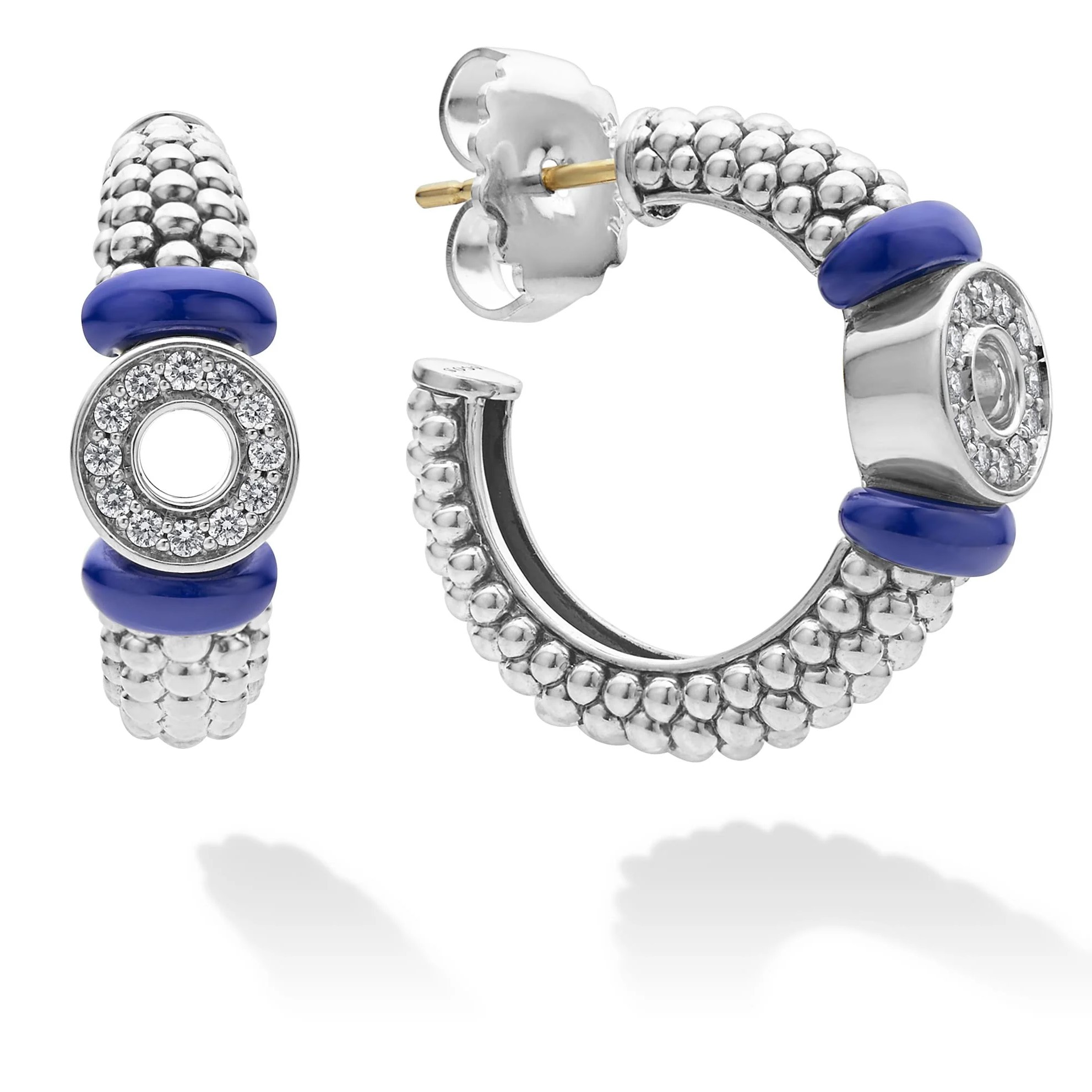 Lagos Sterling Silver Blue Caviar Marine Ceramic 25mm Diamond Circle Hoops with 24 Round Diamonds 0.30 Tcw G-H SI