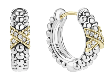 Lagos Sterling Silver and 18K Yellow Gold Embrace Diamond X Huggie Pave Hoops