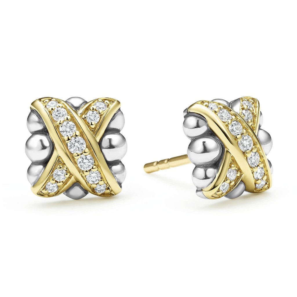 Lagos Sterling Silver and 18K Yellow Gold Embrace Diamond 8mm X Single Row Pave Stud Earring