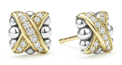 Lagos Sterling Silver and 18K Yellow Gold Embrace Diamond 8mm X Single Row Pave Stud Earring