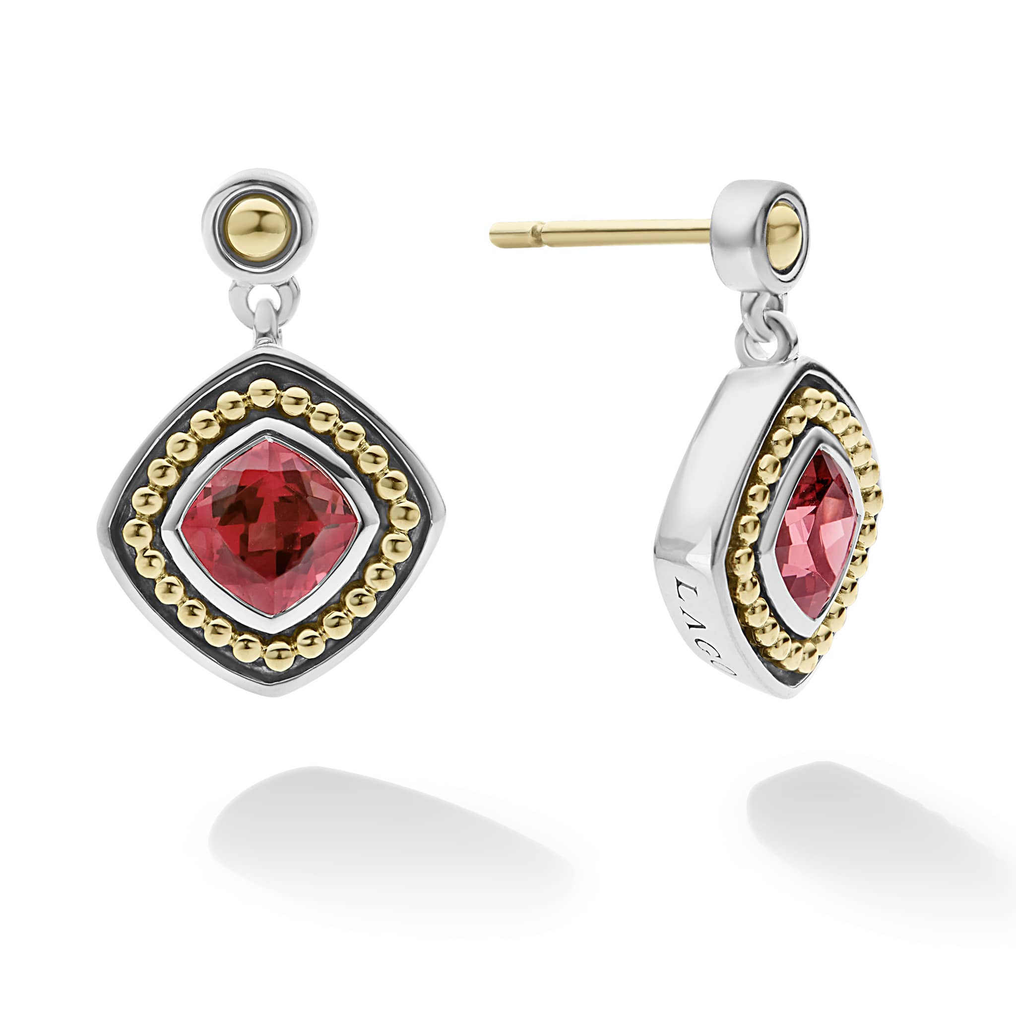 Lagos Sterling Silver & 18K Yellow Gold Caviar Rhodolite Garnet 6X6 Cushion Post with Drop Earrings