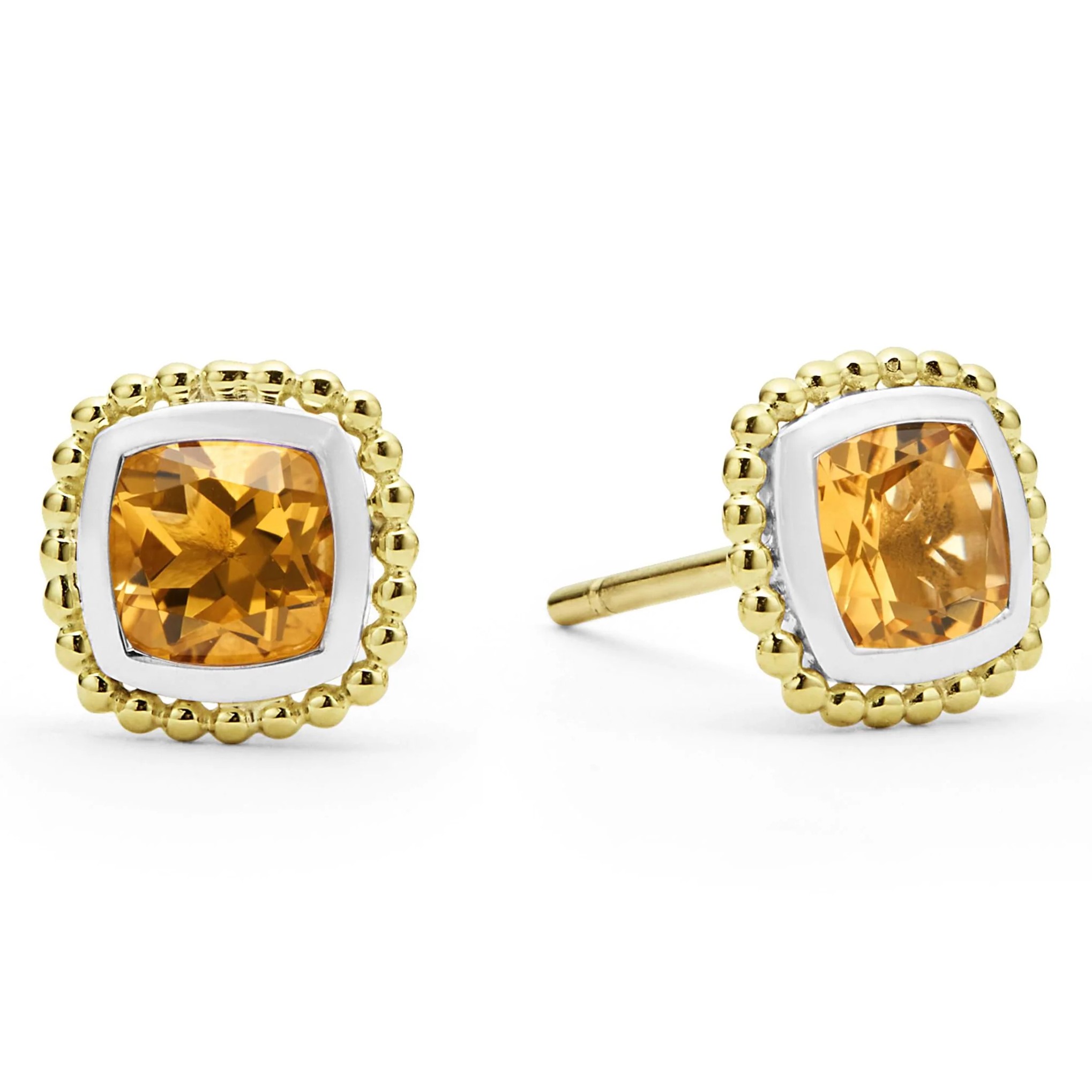 Lagos Sterling Silver & 18K Yellow Gold Caviar Citrine 7mm Cushion Stud Earrings