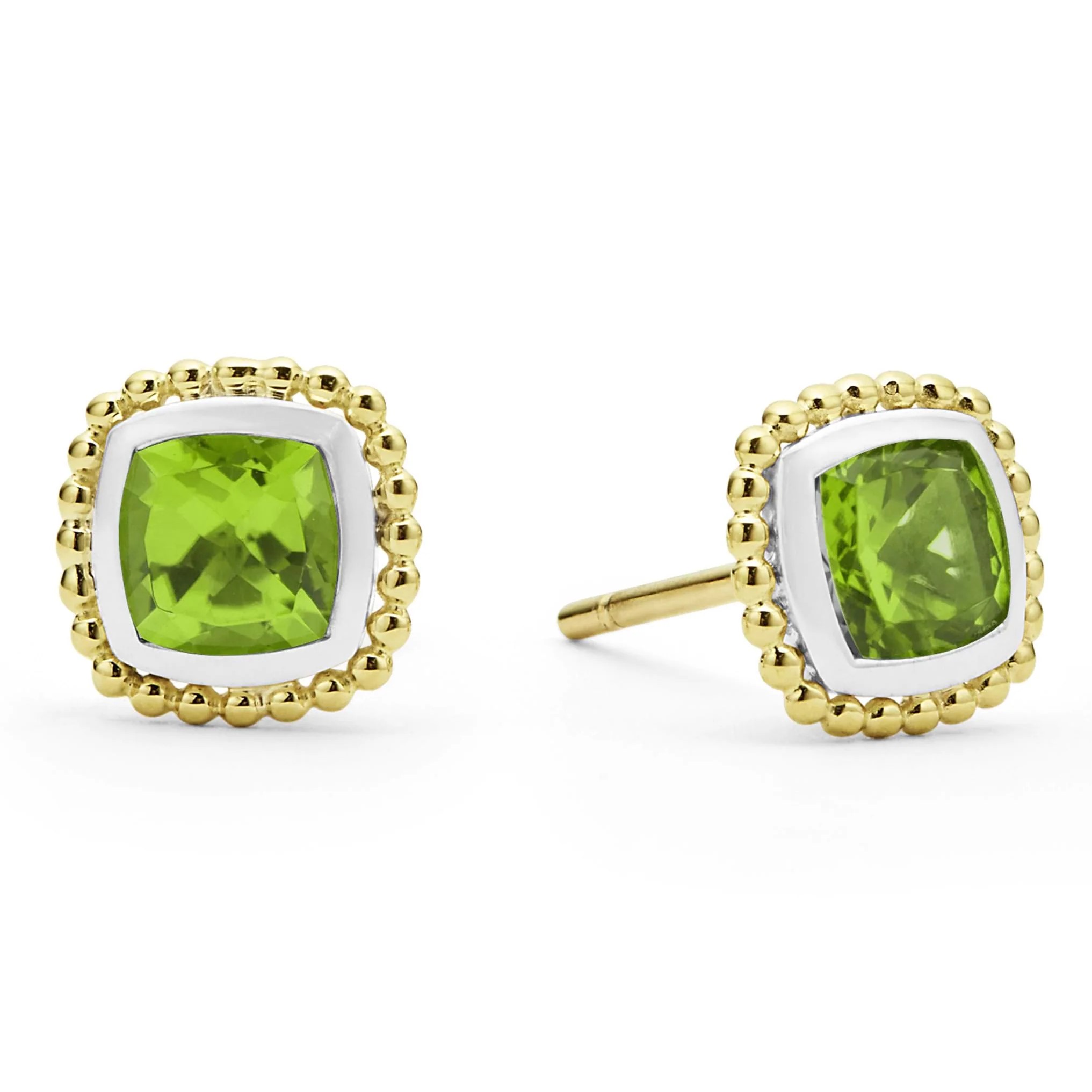 Lagos Sterling Silver & 18K Yellow Gold Caviar Peridot 7mm Cushion Stud Earrings