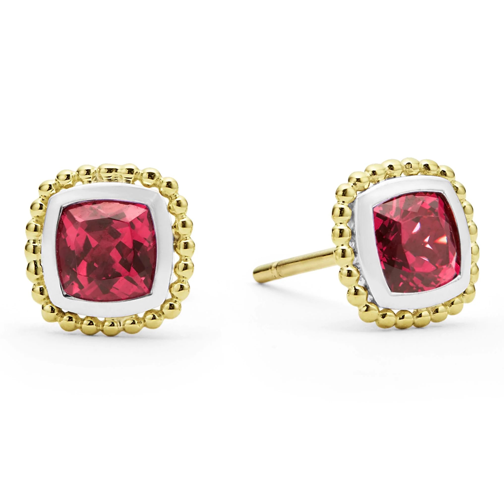 Lagos Sterling Silver & 18K Yellow Gold Caviar Rhodolite Garnet 7mm Cushion Stud Earrings