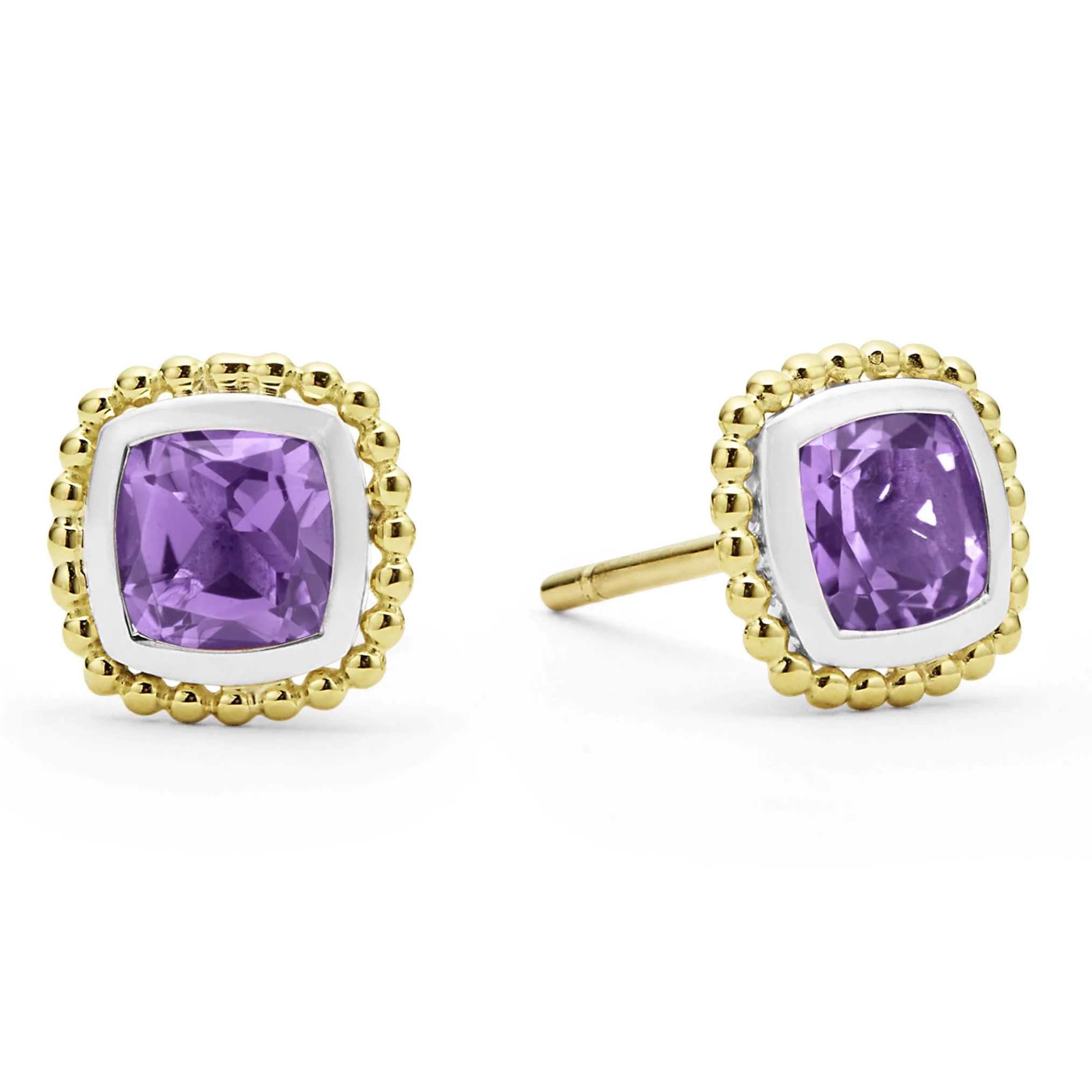 Lagos Sterling Silver & 18K Yellow Gold Amethyst 7mm Cushion Stud Earrings