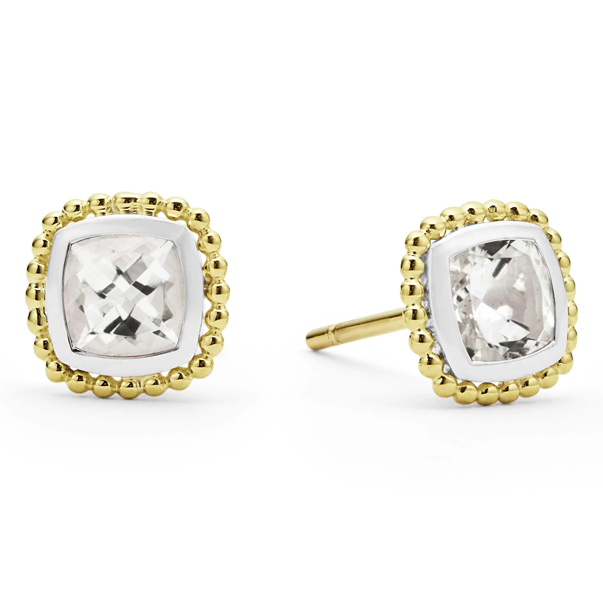 Lagos Sterling Silver & 18K Yellow Gold Caviar Color with 2 White Topaz 5mm Stones 8X8 Stud Earrings