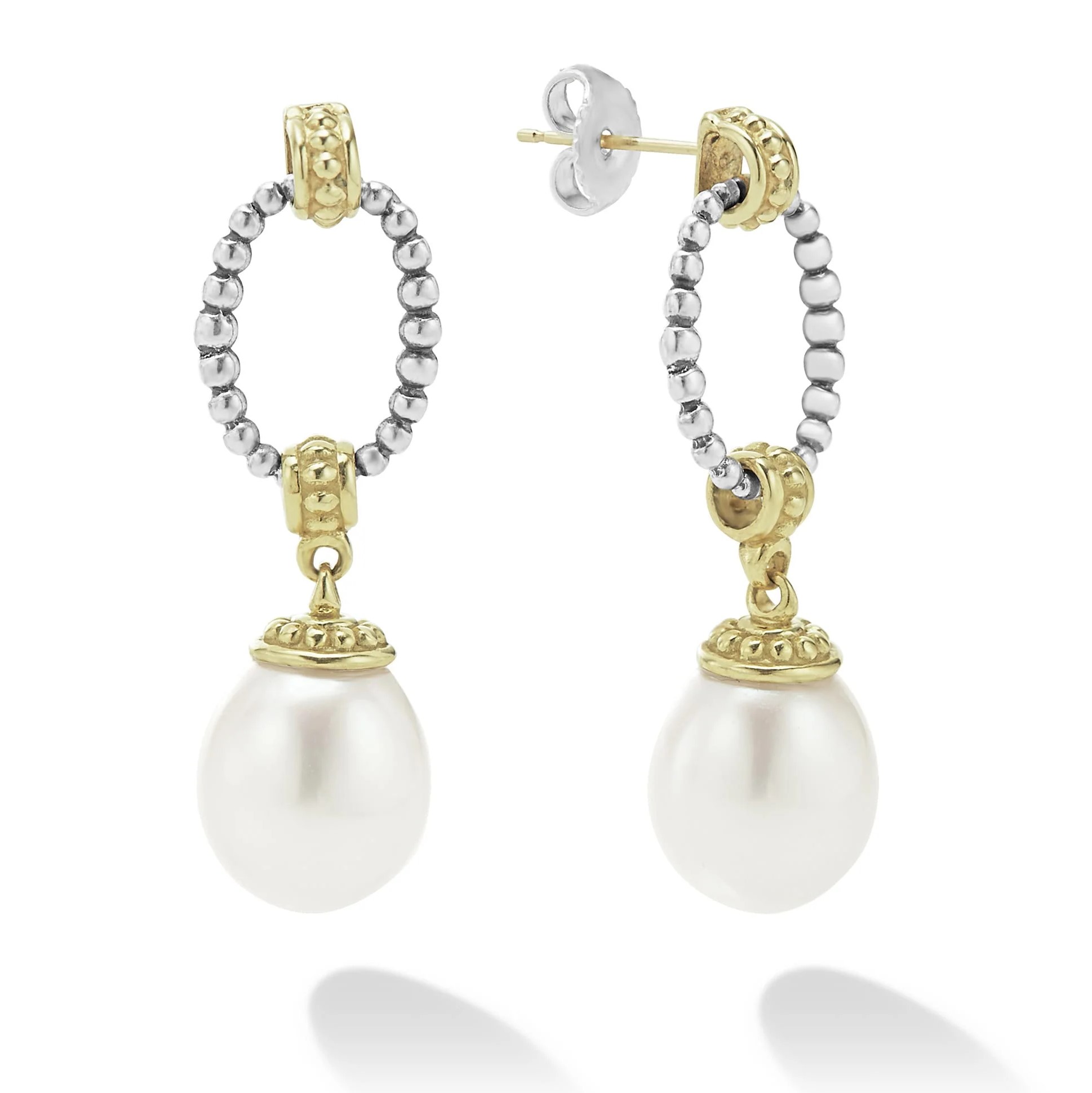 Lagos Sterling Silver & 18K Yellow Gold Luna Pearl Cavair Oval 30X9 Drop Earrings