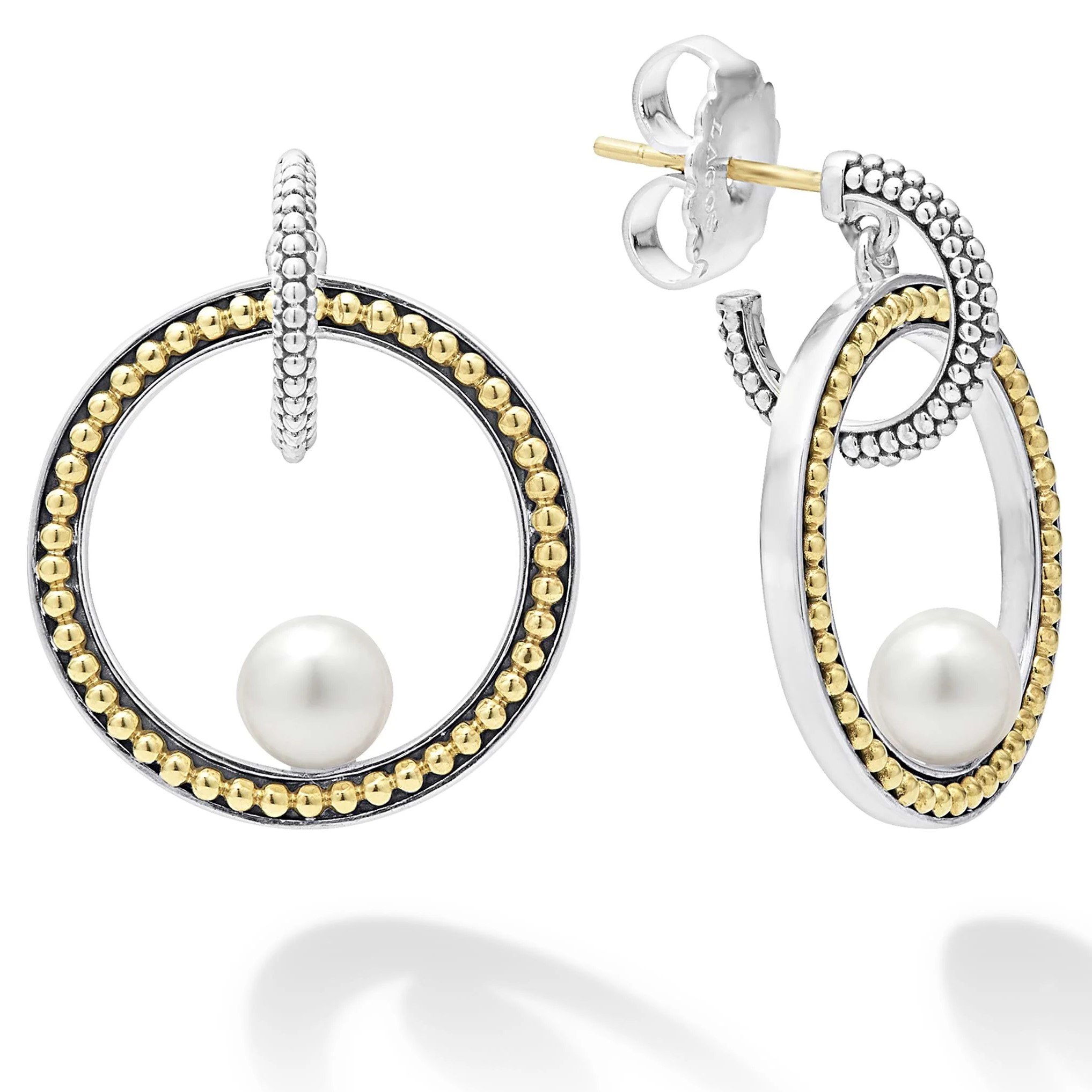 Lagos Sterling Silver and 18K Yellow Gold Luna Pearl 23mm Caviar Circle Post with Drop Earrings