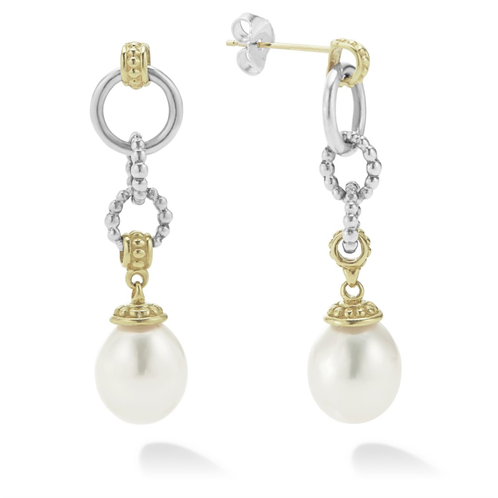 Lagos Sterling Silver & 18K Yellow Gold Luna Pearl Smooth & Caviar Circle 37X9 Drop Earrings