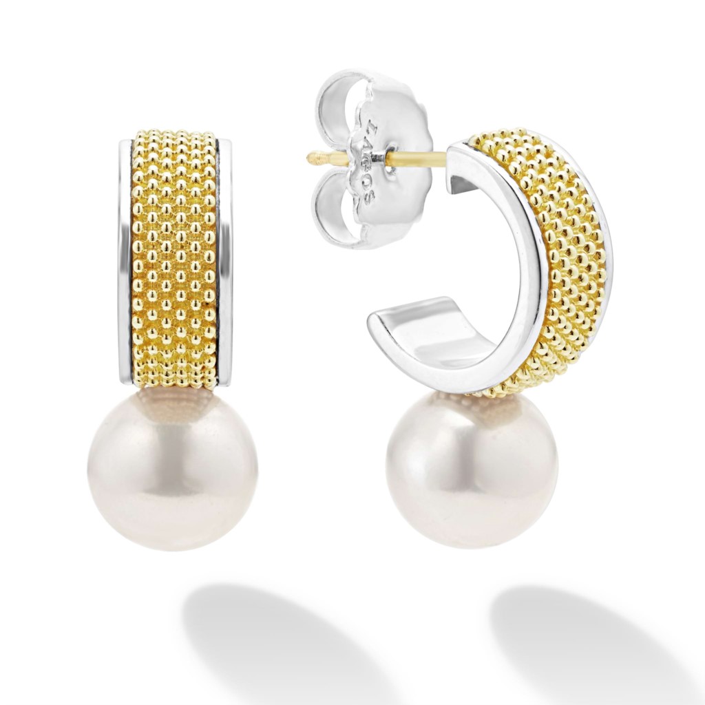 Lagos Sterling Silver and 18K Yellow Gold Pearl Hoop Earrings