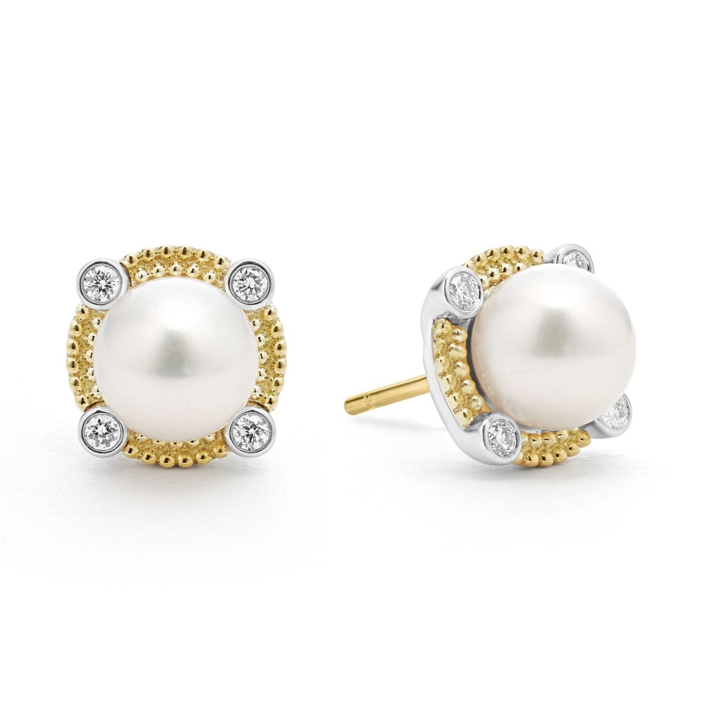 Lagos Sterling Silver and 18K Yellow Gold Pearl Diamond Stud Earrings