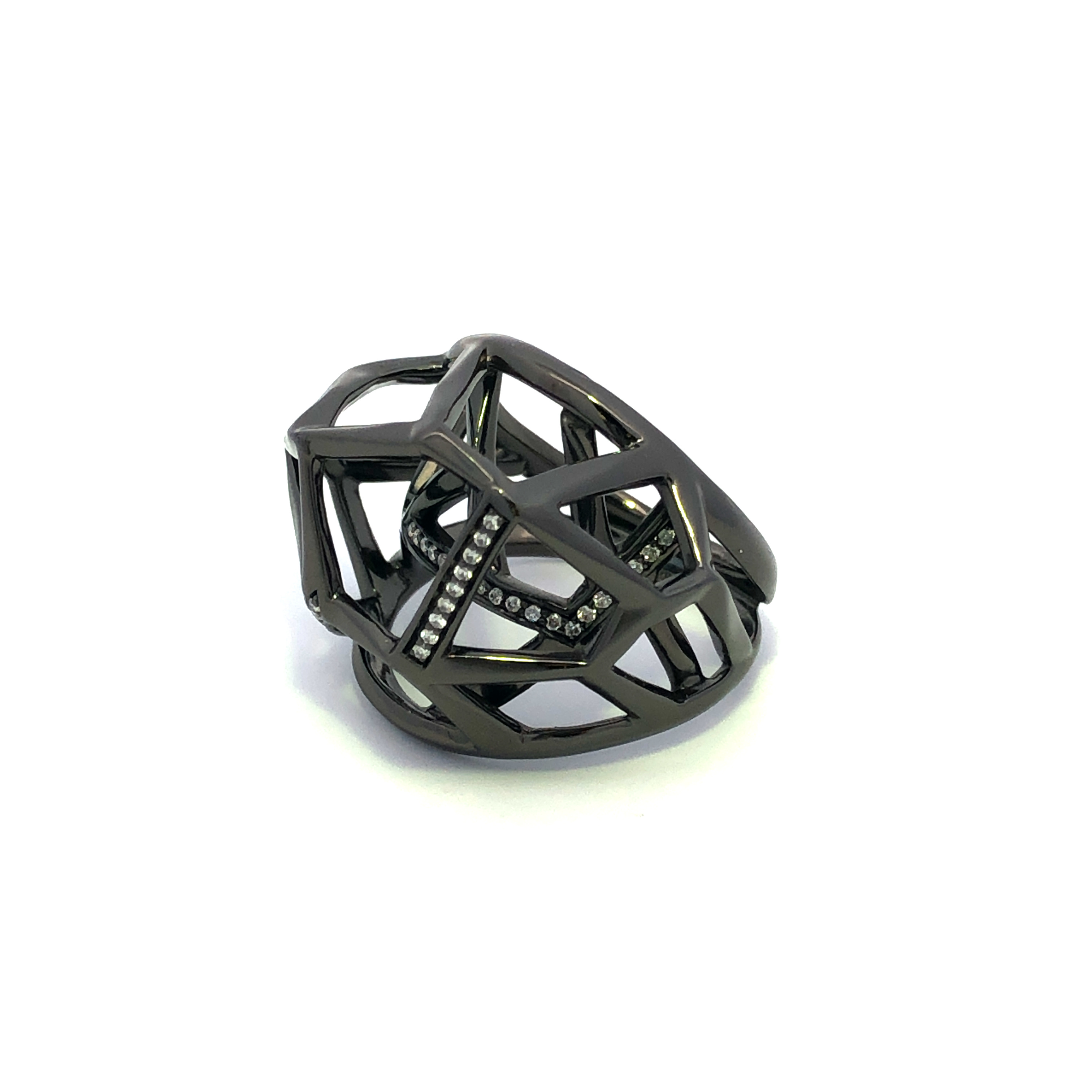 Estate Black Sterling Silver Ippolita Geometric Ring with Round Diamonds